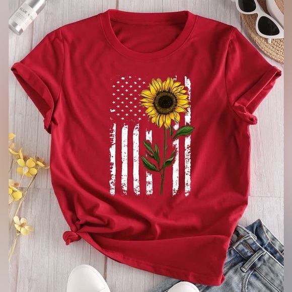 🇺🇸Sunflower & American Flag Graphics Polyester Cotton Blend T-Shirt! - Picture 1 of 7